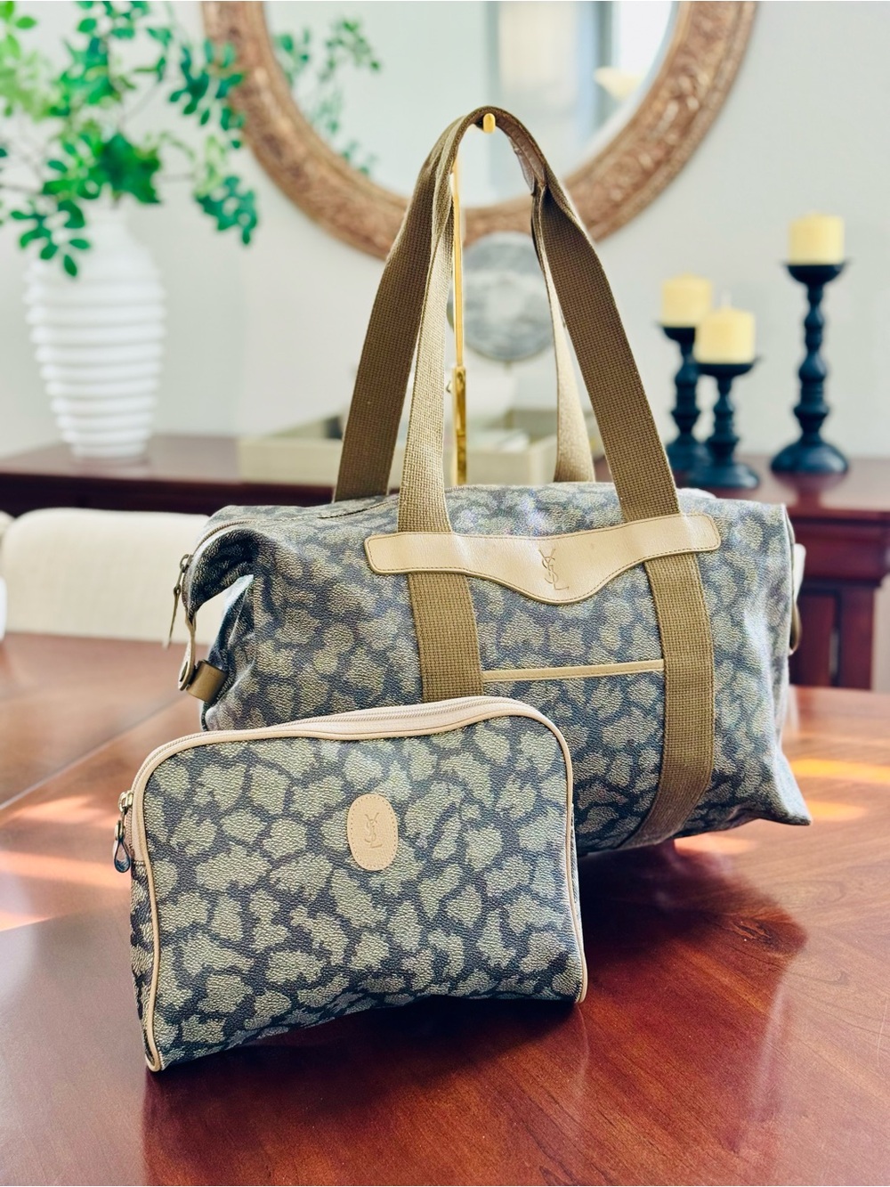 Vintage Yves Saint Laurent YSL Monogram Duffle Bag + Matching Pouch